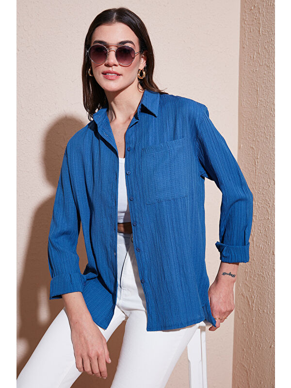 Lela Regular Fit Tek Cepli Önü Kısa Arkası Uzun Krinkıl Kadın Gömlek 6772752
