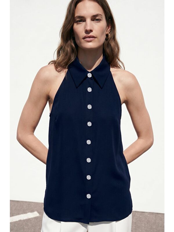 SATEEN Halter Yaka Gömlek - Lacivert