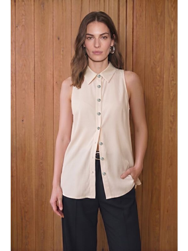 SATEEN Halter Yaka Gömlek - Bej