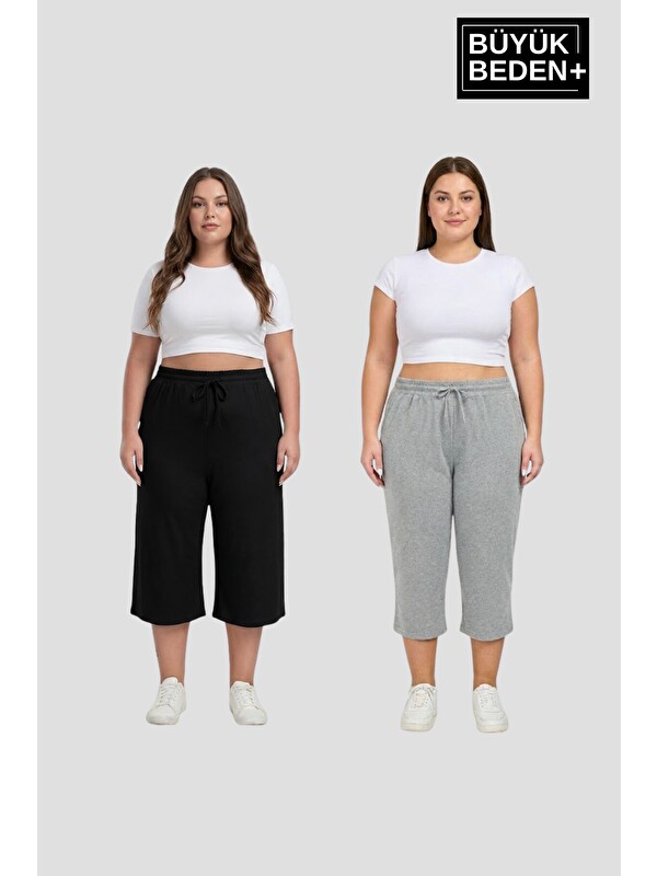 Süperlife Büyük Beden Kadın İkili Set Kapri Şort Rahat Kalıp 3XL-6XL SPR26BSRK591+2
