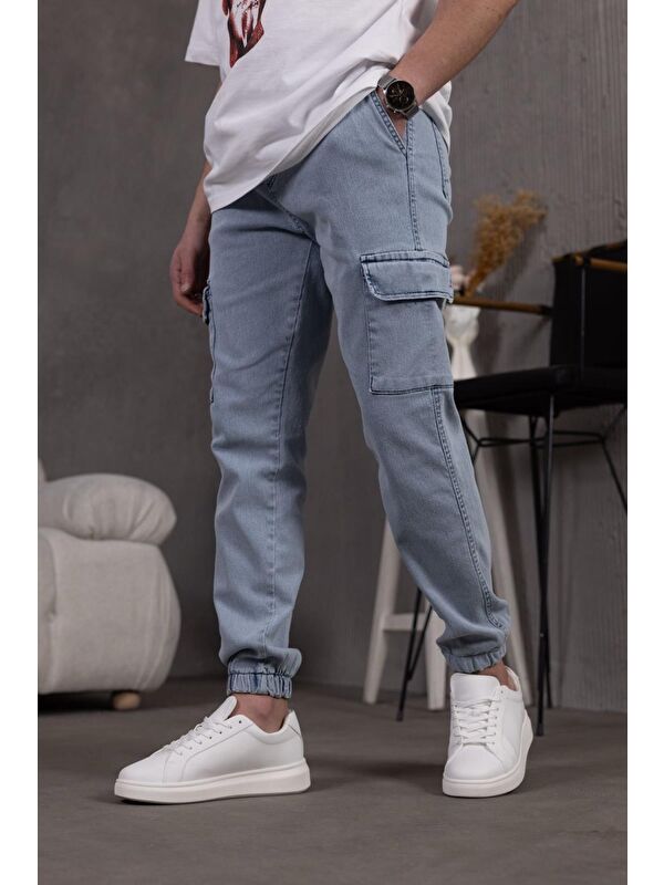 Oksit Dasser Paçası ve Beli Lastikli Slim Fit Elastanlı Jean Kargo Pantolon