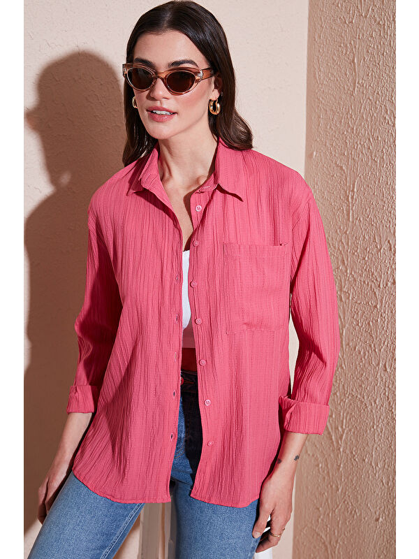 Lela Regular Fit Tek Cepli Önü Kısa Arkası Uzun Krinkıl Kadın Gömlek 6772752
