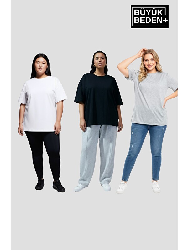 Süperlife Büyük Beden Kadın Basic 3XL-6XL Bisiklet Yaka 3'lü Tişört Seti SPR26BTSK510+3