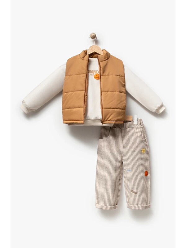 Jikko Baby Erkek Çocuk Şişme Yelekli Basketbol Baskılı Sweatshirt ve Çizgili Pantolon 3’lü Takım 9107