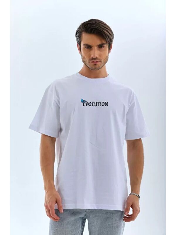 Jane's Unisex Bisiklet Yaka Baskılı Oversize T-Shirt - Beyaz