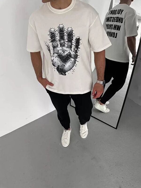 Jane's Unisex Bisiklet Yaka Baskılı Oversize T-Shirt - Beyaz
