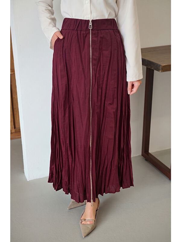 Locco Moda Kadın Boydan Fermuarlı Etek Bordo