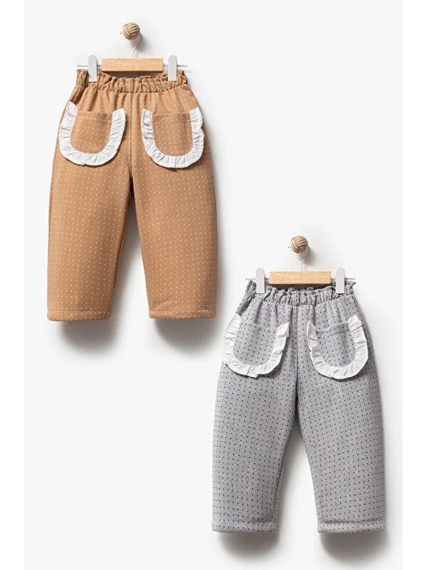 Jikko Baby Kz Çocuk Puanlı Cepleri Fırfırlı Örme Pantolon 2li  3723