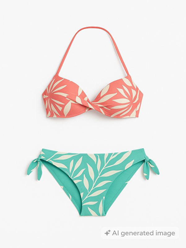 United Colors Of Benetton Kadın Turuncu Mercan Desenli Halter Yaka Üçgen Bikini Üstü