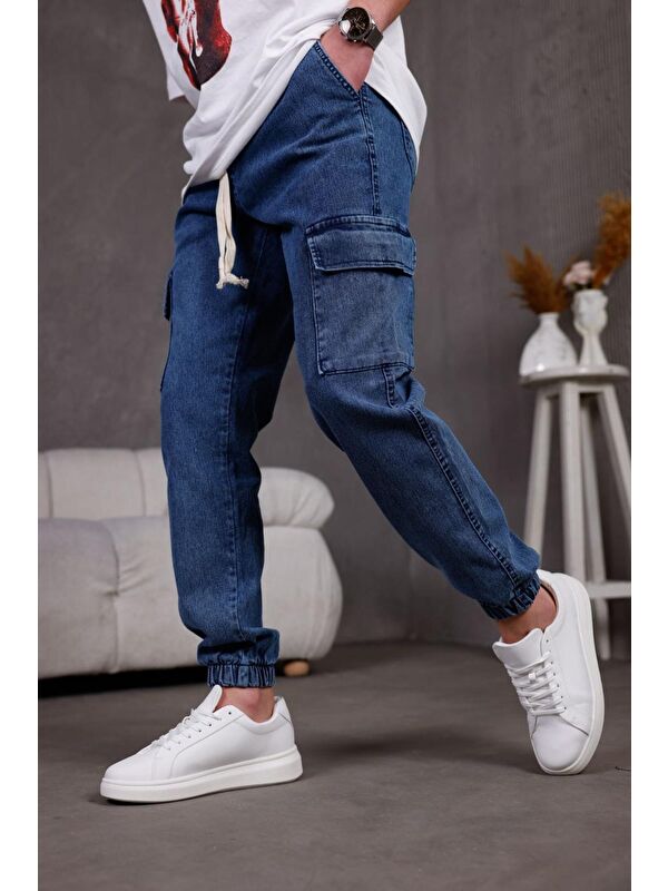 Oksit Dasser Paçası ve Beli Lastikli Slim Fit Elastanlı Jean Kargo Pantolon