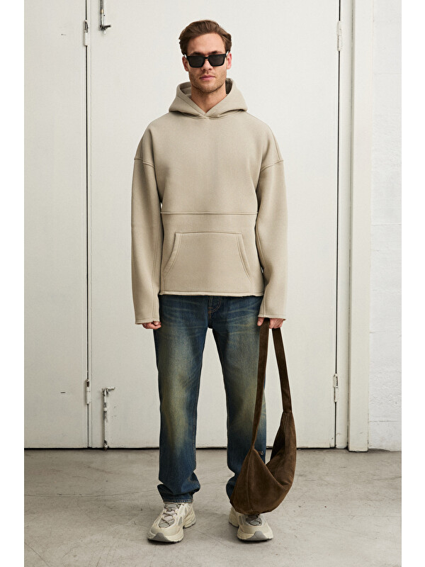 GRIMELANGE COLEGA Erkek Yumuşak İçi Polarlı Organik Pamuklu Kanguru Cepli TAŞ Sweatshirt