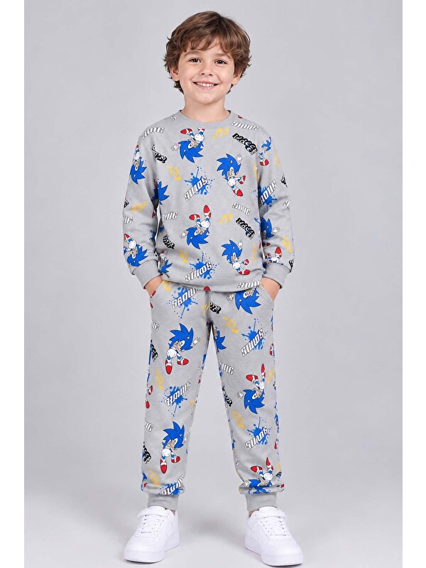 Riccotarz Erkek Çocuk Üzerinde Sonic Yazı ve Karakter Baskılı Gri Pijama Takımı