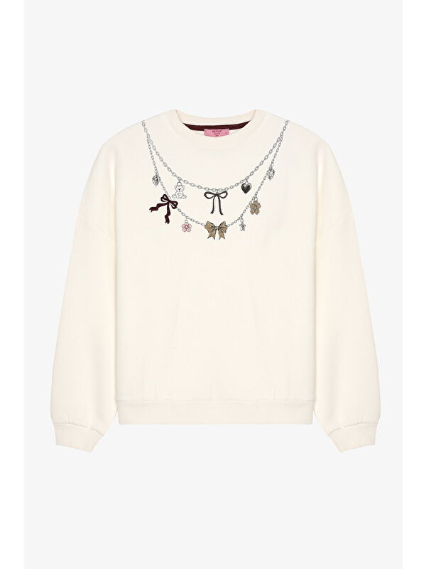 QUZU Charm Aksesuarlı Oversize Sweatshirt Ekru