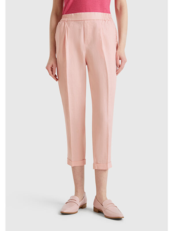 United Colors Of Benetton Kadın Pembe %100 Keten Beli Lastikli Pantolon