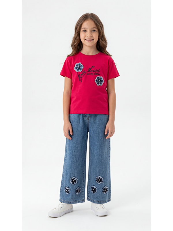 Mışıl Kids Çiçek Aplikeli Kız Çocuk Tişört-Pantolon Takım
