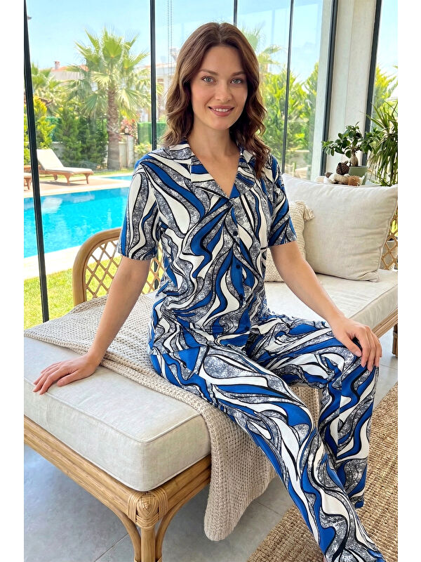 Remsa Kadın Desenli Kısa Kol Önü Düğmeli Elastanlı Viskon Pijama Takımı 0288 Lacivert01