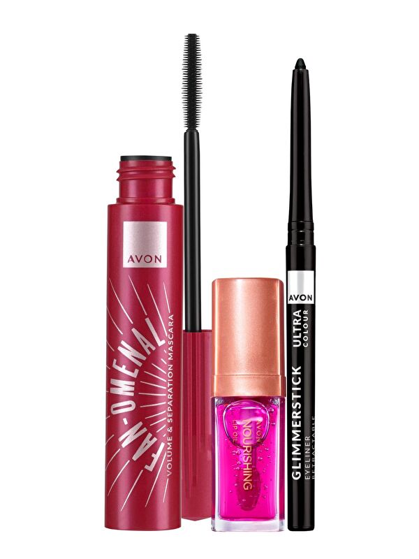 AVON Fan-Omenal Maskara Siyah Göz Kalemi ve Blossom Dudak Yağı Paketi