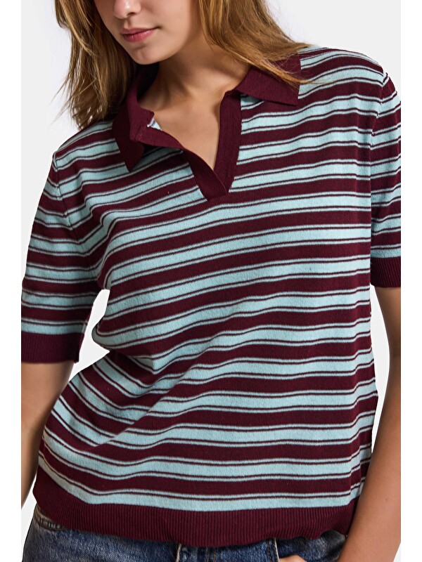 It's Basic Kadın Bordo Çizgili w6-35 Oversize Polo Yaka Triko