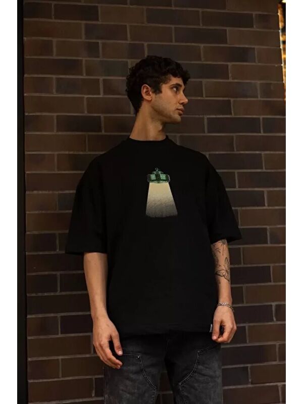 Jane's Unisex Bisiklet Yaka Baskılı Oversize T-Shirt - Siyah