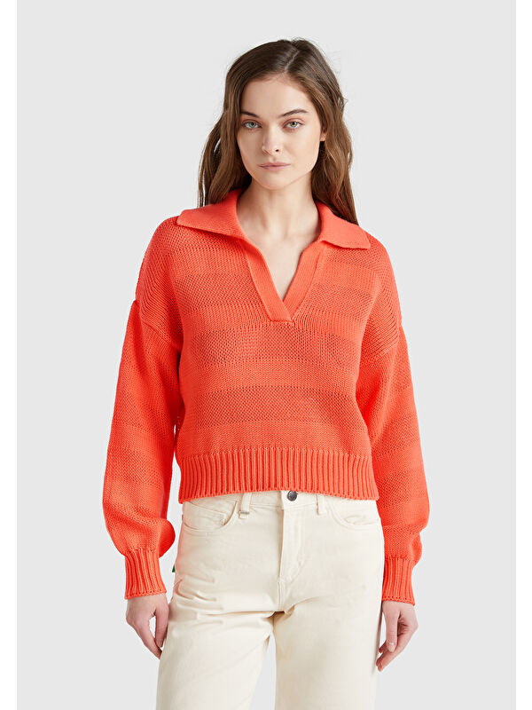 United Colors Of Benetton Kadın Turuncu %100 Pamuk Şerit Efektli Relax Fit Polo Yaka Kazak