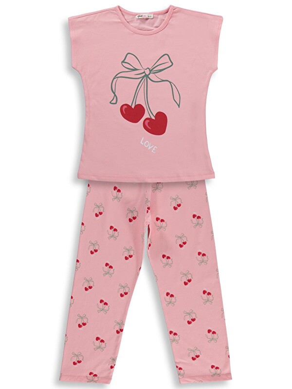 Civil Girls Kiraz Desenli 6-9 Yaş Pijama Takımı - Pudra