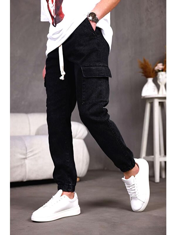 Oksit Dasser Paçası ve Beli Lastikli Slim Fit Elastanlı Jean Kargo Pantolon