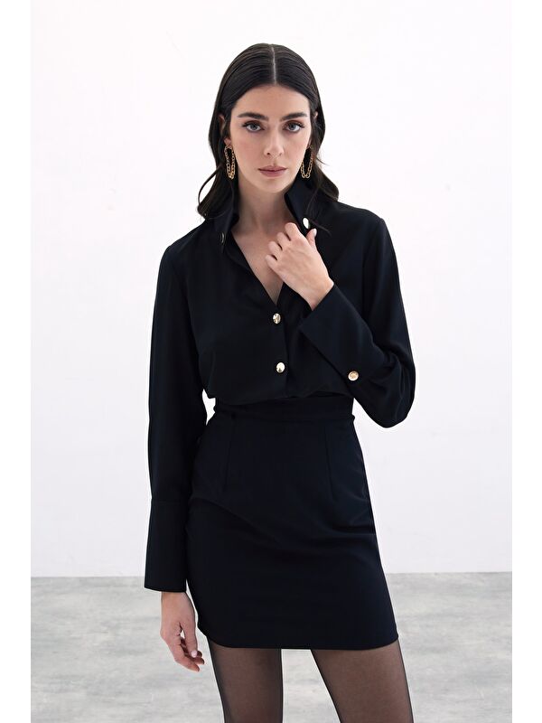 SATEEN Çıt Çıt Detaylı Gömlek - Siyah