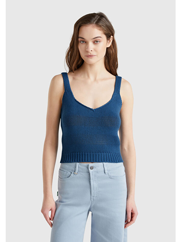United Colors Of Benetton Kadın Denim %100 Pamuk Şerit Efektli Örme Relax Fit V Yaka Triko Atlet