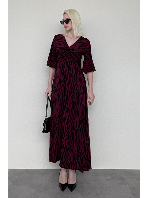 Madmext Bordo Zebra Desenli V Yaka Yarım Kollu Elbise Mg2394
