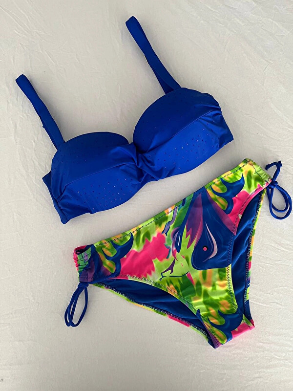 Hazelin Kadın Saks Mavi Taş İşlemeli Astarlı Bikini Takım HZL25S-LC3334
