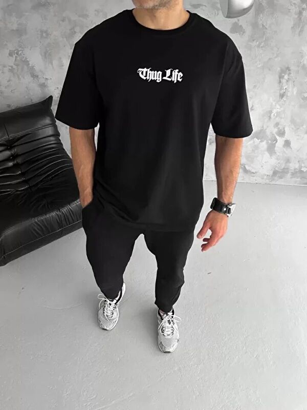 Jane's Unisex Bisiklet Yaka Baskılı Oversize T-Shirt - Siyah