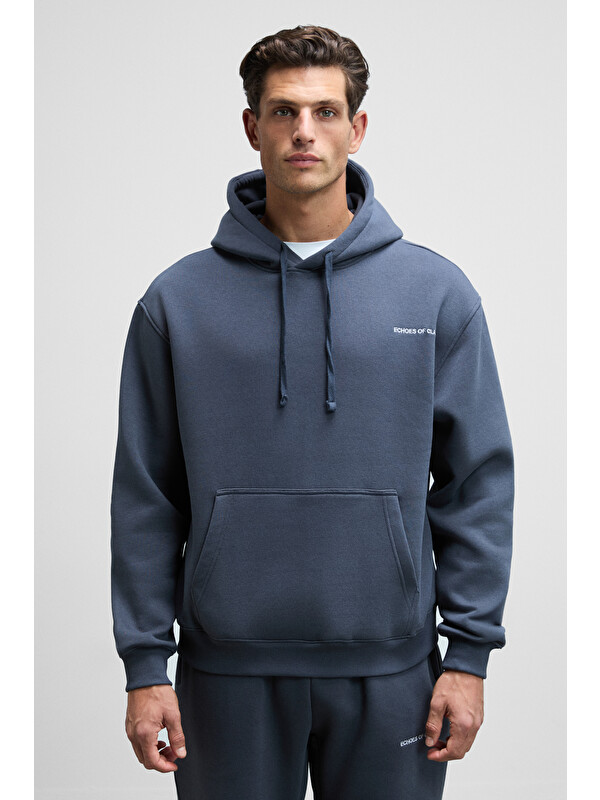 GRIMELANGE SCARN Erkek Pamuklu İçi Polarlı Nakışlı Kapüşonlu Relaxed KOYU GRİ Sweatshirt