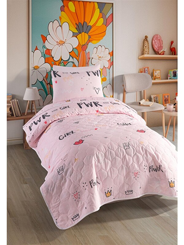 UPSTYLE Tek Kişilik Pamuklu Yatak Örtüsü Seti 2 Parça Pembe Power Desen 160x220 Cm Yumuşak Dokulu