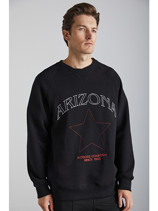 GRIMELANGE Domagoj Erkek Organik Pamuklu Western Baskılı Bisiklet Yaka Oversize SİYAH Sweatshirt