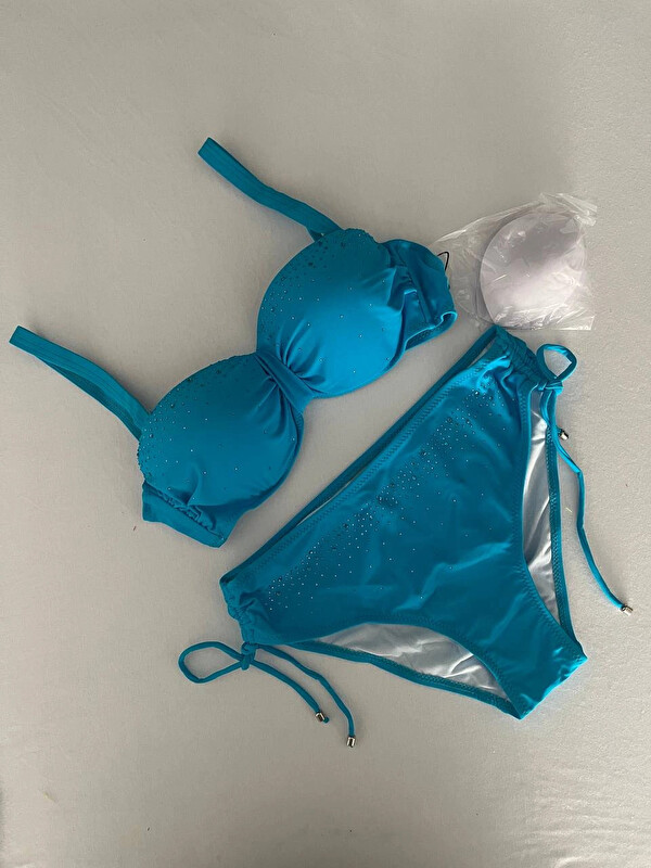 Hazelin Kadın Mavi Taş İşlemeli Astarlı Bikini Takım HZL25S-LC3361