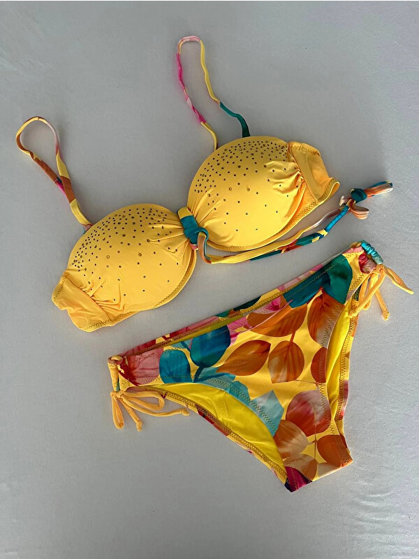 Hazelin Kadın Sarı Taş İşlemeli Astarlı Bikini Takım HZL25S-LC207