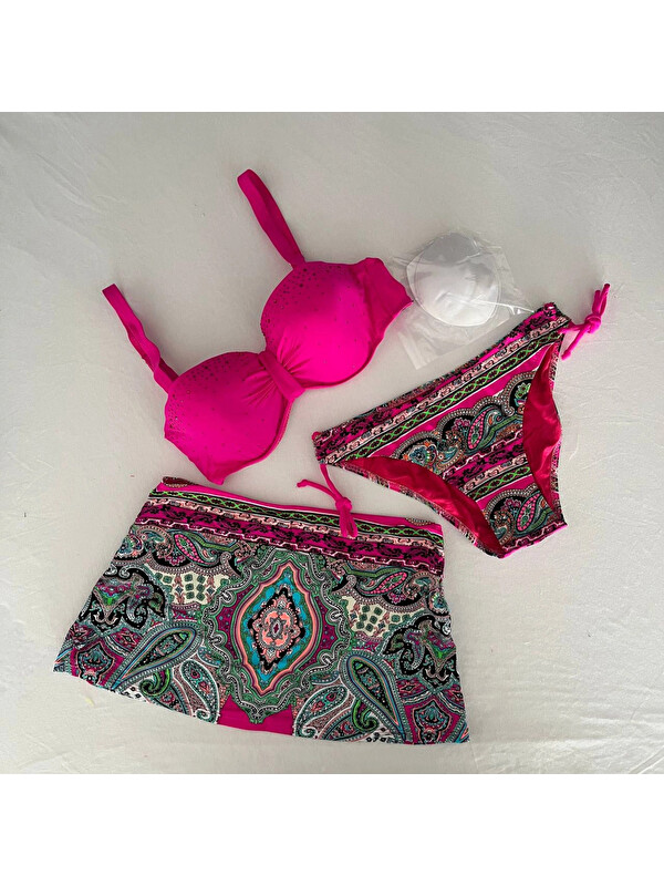 Hazelin Kadın Fuşya Taş İşlemeli Desenli 3 Parça Bikini Takım HZL25S-LC3326