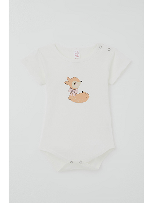 Breeze Kız Çocuk Çıtçıtlı Kısa Kollu Zıbın Body Sevimli Ceylan Baskılı Ekru (1-3 Yaş)