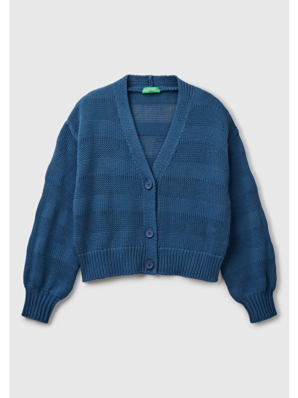 United Colors Of Benetton Kadın Denim %100 Pamuk Şerit Efektli Düşük Omuzlu Örme Relax Fit Hırka