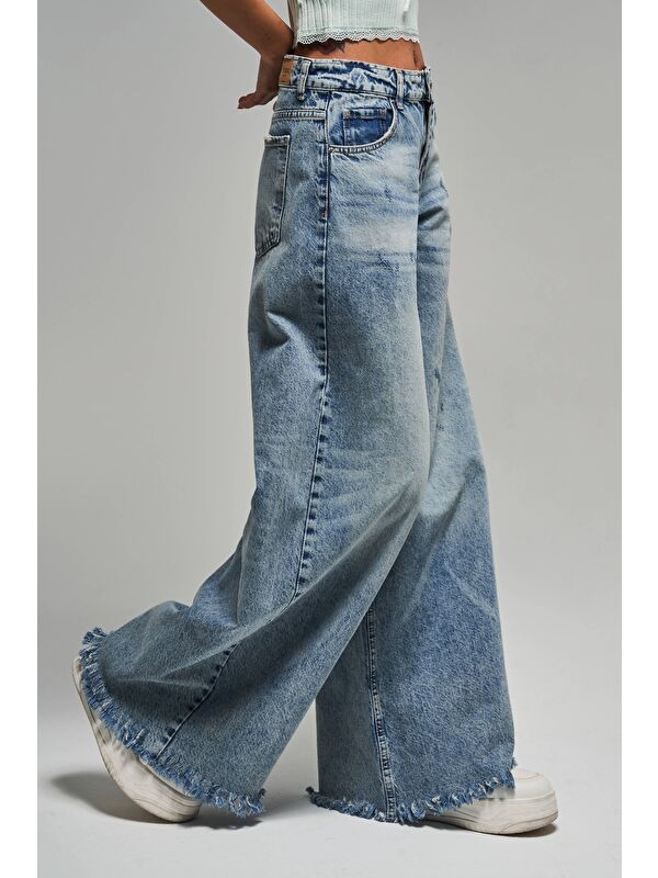 It's Basic Kadın Jean Rengi 12s5-32 Palazzo Fit Paça Püsküllü %100 Pamuk Orta Bel Denim Jean
