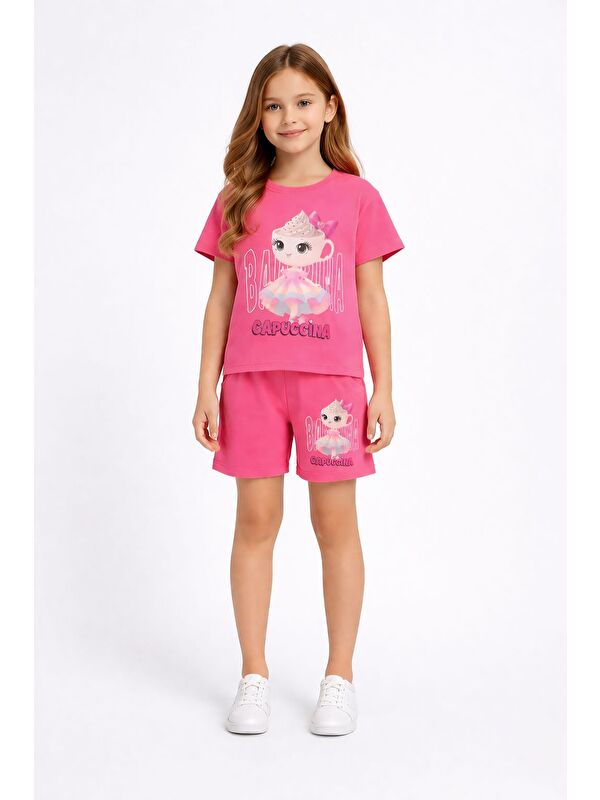 Cansın Mini Pembe Sevimli Capuccina Baskılı Kız Çocuk Şortlu 2li Takım 23889