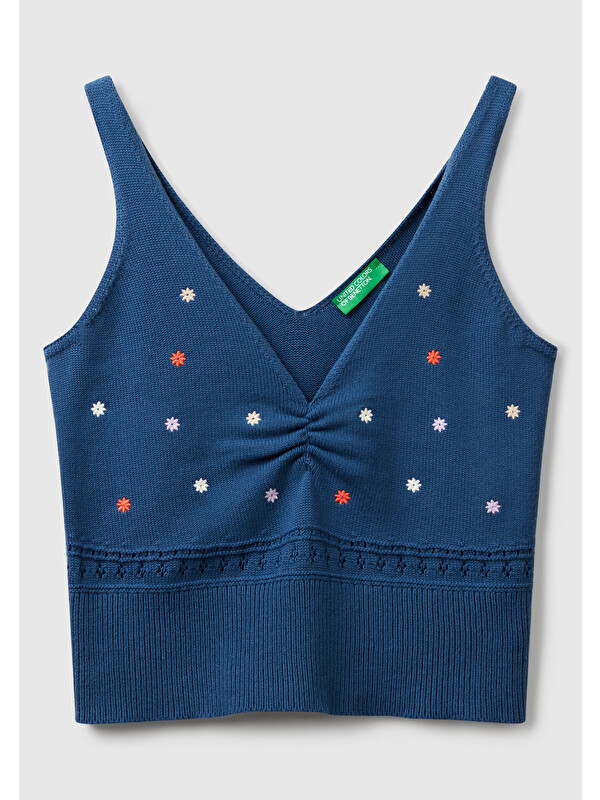 United Colors Of Benetton Kadın Denim %100 Pamuk Çiçek İşlemeli Göğsü Büzgülü Regular Fit Triko Atlet