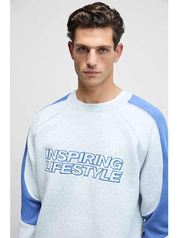 GRIMELANGE HERCULES Erkek Bisiklet Yaka Önü Nakışlı Kolları Biyeli GRİ MELANJ Sweatshirt