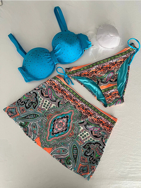 Hazelin Kadın Mavi Taş İşlemeli Desenli 3 Parça Bikini Takım HZL25S-LC3326