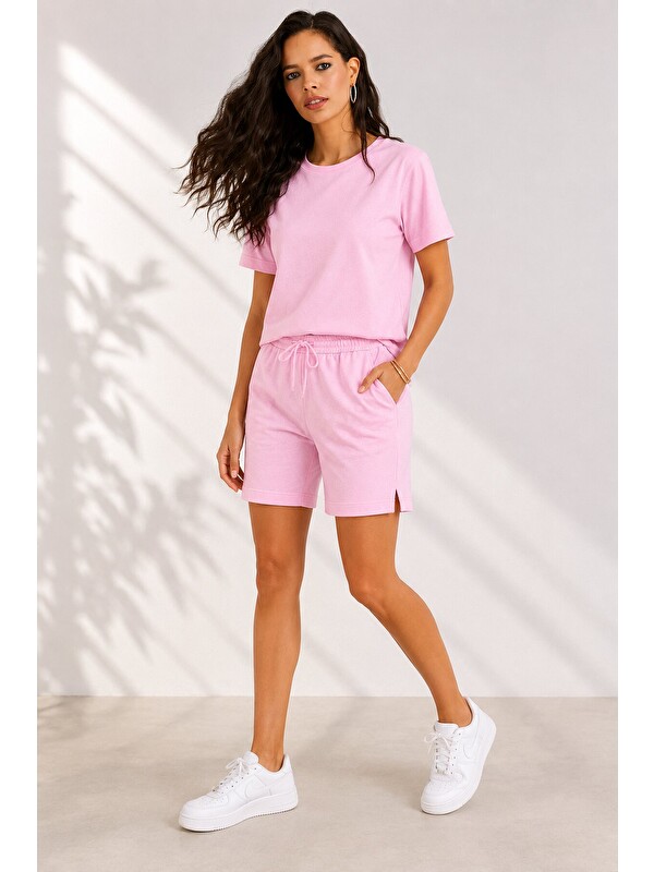 carla10 Kumaş Şortlu Pembe Takım