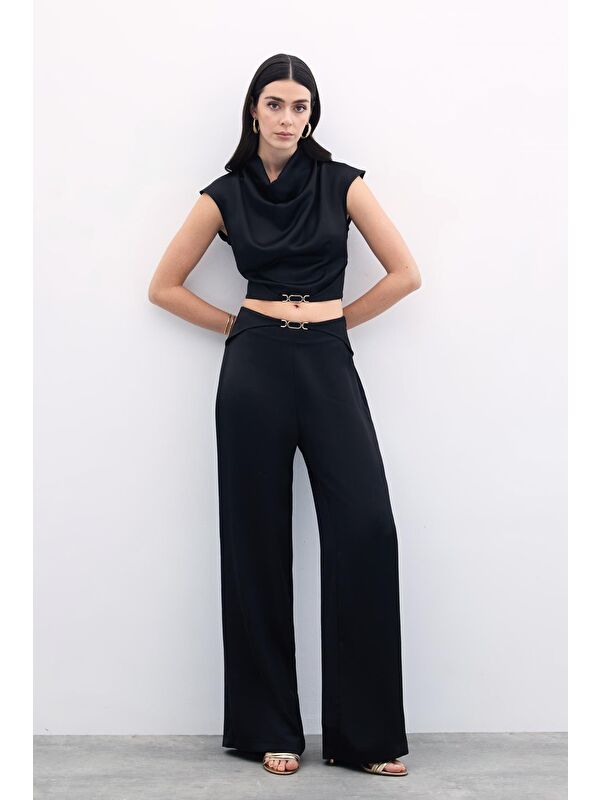 SATEEN Bel Tokalı Saten Pantolon - Siyah