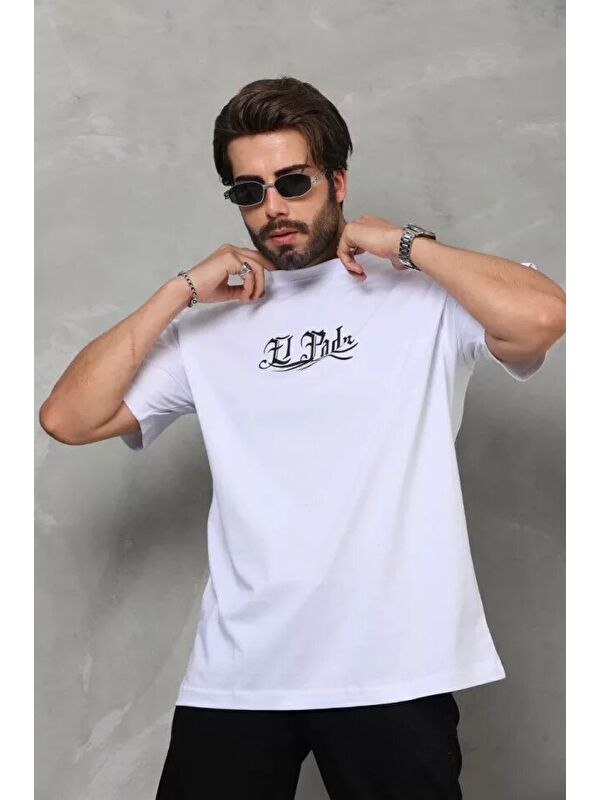 Jane's Unisex Bisiklet Yaka Baskılı Oversize T-Shirt - Beyaz