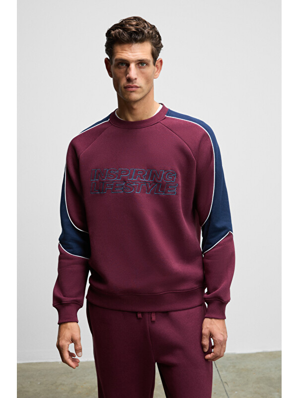 GRIMELANGE HERCULES Erkek Bisiklet Yaka Önü Nakışlı Kolları Biyeli BORDO Sweatshirt