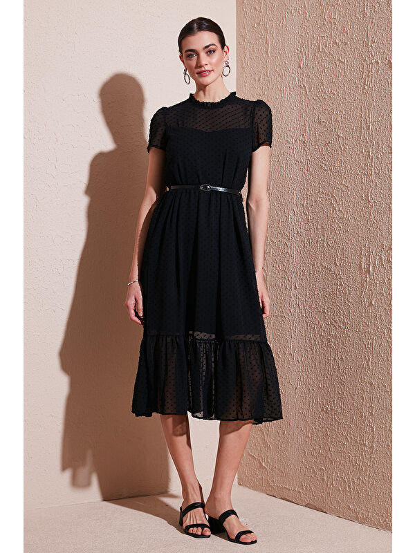 Lela A Kesim Regular Fit Astarlı Midi Boy Kemerli Kadın Elbise 6781937