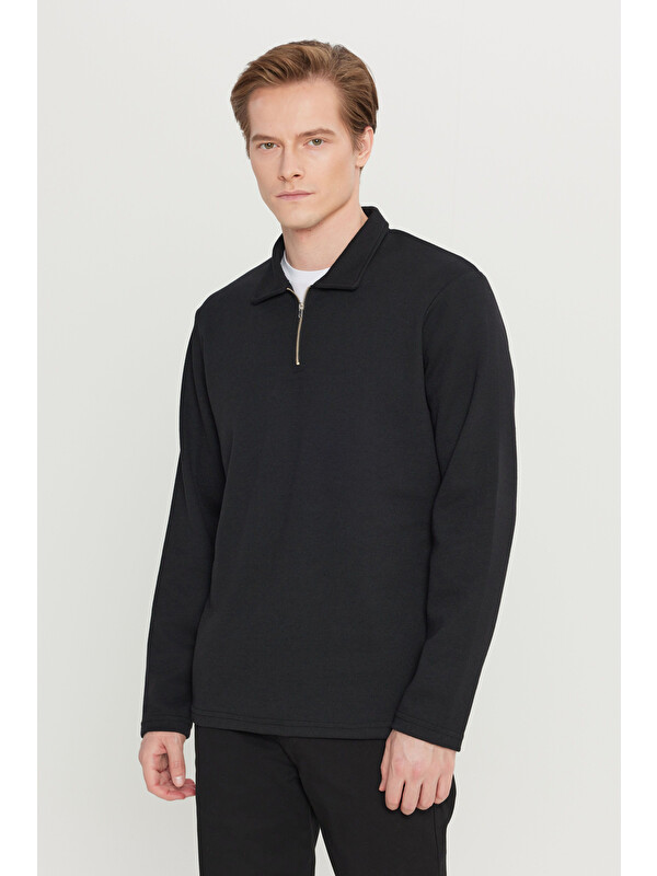 AC&Co / Altınyıldız Classics Erkek Siyah Pamuklu Standart Fit Normal Kesim Polo Yaka Sweatshirt